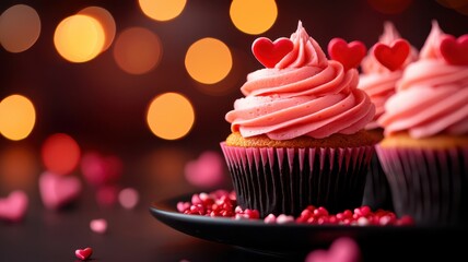 Valentine's day cupcake with heart sprinkles concept. Delightful cupcakes with pink frosting and heart-shaped decorations, set against a dreamy bokeh background.