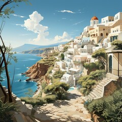 Naklejka premium A Scenic Poster Style Illustration of Santorini Greece
