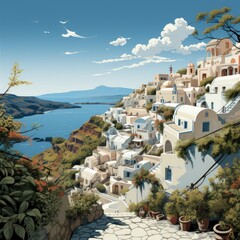 Fototapeta premium A Scenic Poster Style Illustration of Santorini Greece