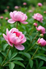 Obraz premium Soft pink peonies sway gently among lush green foliage, spring flowers, flower petals, botanical garden
