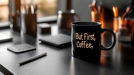 A custom mug with a minimalist black and white design featuring a witty quote, "But First, Coffee," set on a sleek black desk with modern gadgets and stationary, glowing from soft office lighting,