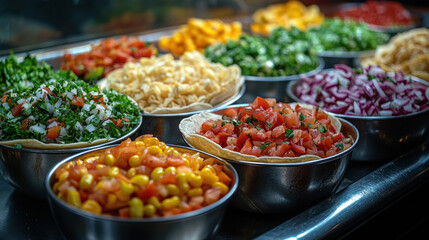 A line cook preparing tacos with freshly made tortillas and colorful toppings