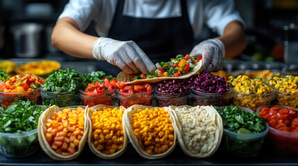 Obraz premium A line cook preparing tacos with freshly made tortillas and colorful toppings