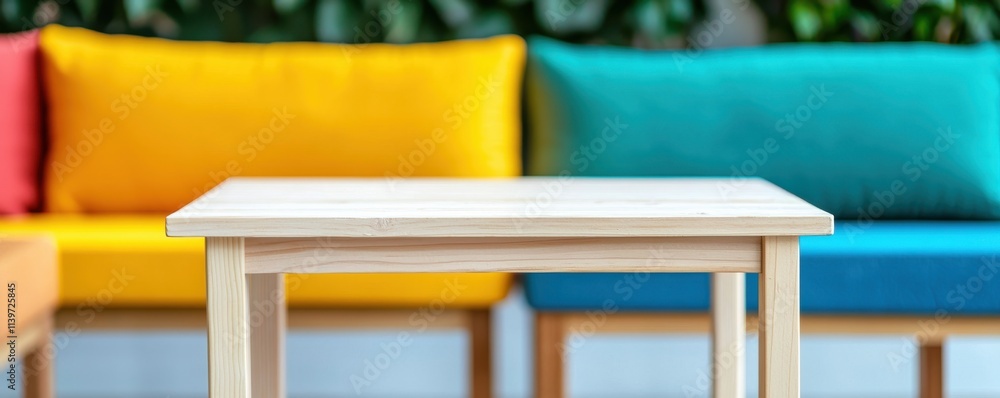 Poster a minimalistic white table stands in front of vibrant, colorful couches, creating a modern and invit