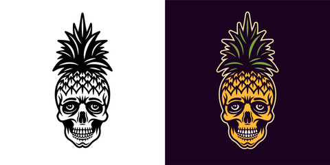 Skull pineapple cartoon character, summer theme vector illustration in two styles, black on white and colored