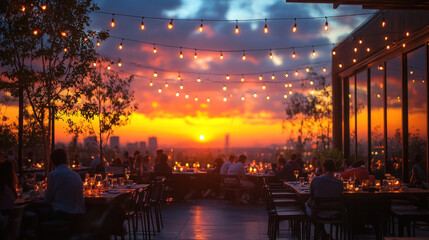 Obraz premium A modern rooftop restaurant during sunset, with couples dining under string lights and candles