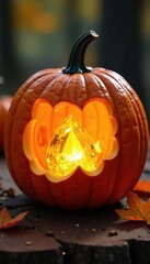 Fototapeta premium Glowing golden gemstone inside a hollowed out pumpkin with intricate carvings, carved, autumn