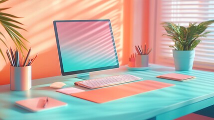 Fototapeta premium A dual-colored desk mat with a smooth gradient from teal to coral, covering a contemporary office desk, paired with matching color-themed accessories, natural light enhancing the soft gradient effect,