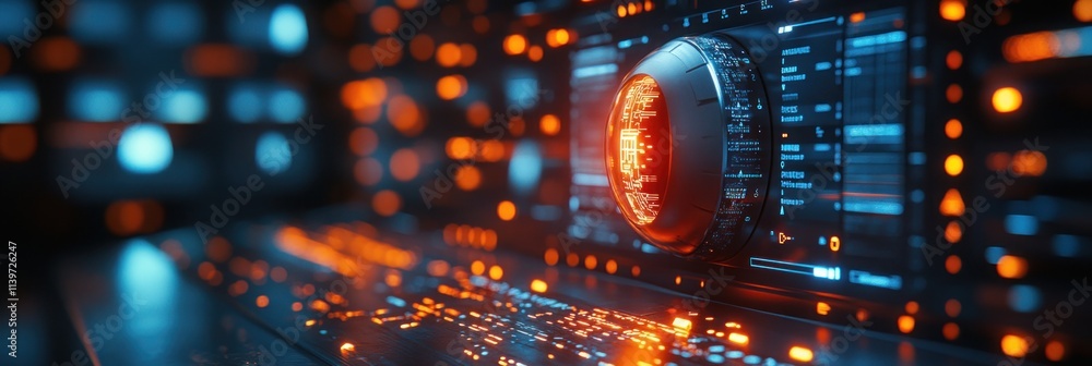Poster futuristic control panel with glowing elements and intricate designs.