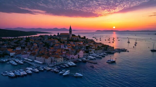 Stunning aerial view of Primosten in Croatia during sunset, showcasing vibrant colors, boats, and charming architecture. The scenic landscape reflects on the tranquil water, creating a serene and pict