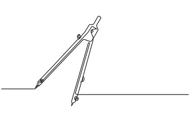 Single continuous line drawing of spring bow compass for drawing circle. Back to school minimalist style. One continuous line art of compass stationery tool drawn with single line. Can be used