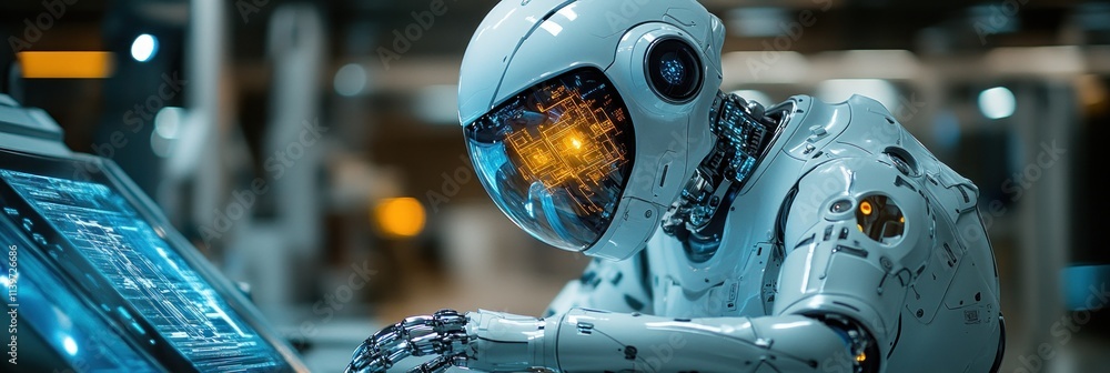 Fototapete a futuristic robot with a glowing visor interacts with a control panel in a high-tech environment.