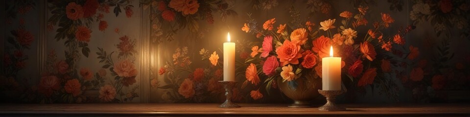 Obraz premium Faded floral wallpaper in a dimly lit room with a single candlelight, classic decor, vintage ambiance