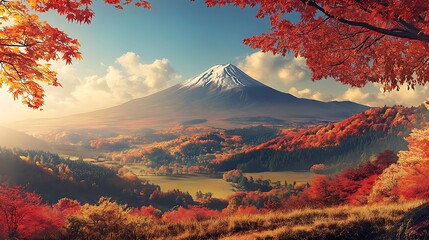 Stunning Artistic Rendering of Mount Fuji Surrounded by Autumn Colors