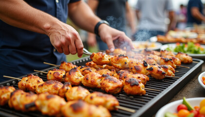 Grilling succulent skewers at a vibrant outdoor gathering on a sunny day