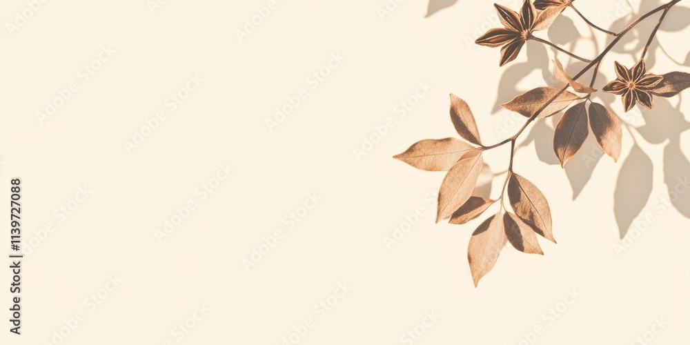 Poster dried star anise with clean shadows on a contrasting empty banner background for decoration and desi