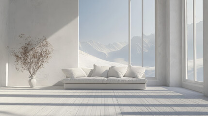 A minimalist white living room featuring a sofa and dresser on a wooden floor, with decor adorning a large wall and a serene white landscape visible through the window. Nordic home style in a 3D rende