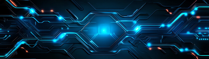 Fototapeta premium Futuristic digital background with glowing lines and circuits in a dark environment.