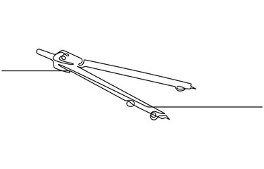Single continuous line drawing of spring bow compass for drawing circle. Back to school minimalist style. One continuous line art of compass stationery tool drawn with single line. Can be used