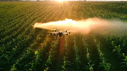 An Indian farmer uses a drone to survey sprawling green fields, highlighting modern agricultural practices. The aerial view depicts technology's role in enhancing crop productivity and efficiency on f