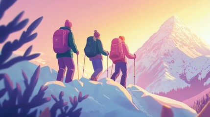 Fototapeta premium Three hikers on a snowy mountain peak at sunrise.