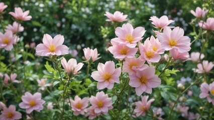 Delicate pastel-colored petals unfolding from tight buds in a lush green garden, new life, season change