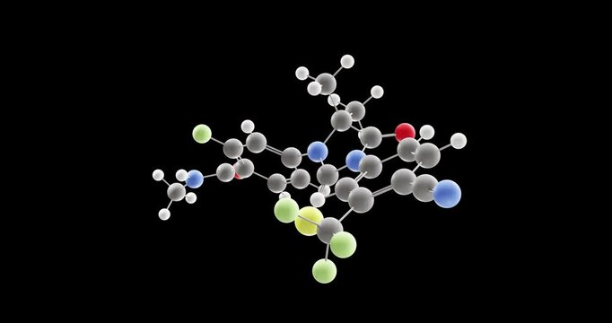 Enzalutamide molecule, rotating 3D model of antineoplastic agents, looped video on a black background
