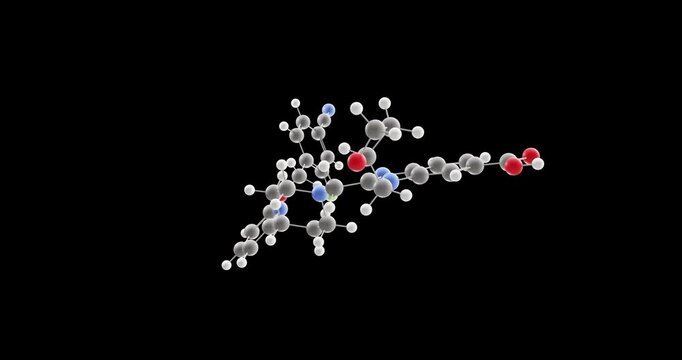 Danuglipron molecule, rotating 3D model of small-molecule glp 1 agonist, looped video on a black background