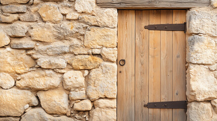 A rustic wooden door framed by a textured stone wall, showcasing timeless craftsmanship.
