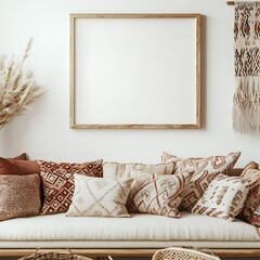 Close-Up View of a Blank Frame Hanging on Wall with Decorative Pillows
