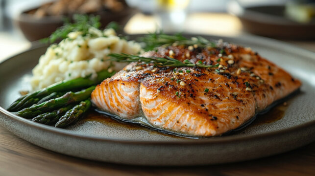 A sophisticated dinner setting with grilled salmon, asparagus, and a side of mashed cauliflower