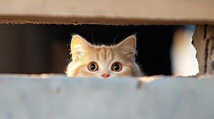 Curious Ginger Cat Peeking from Behind a Wall Opening in Soft Natural Light