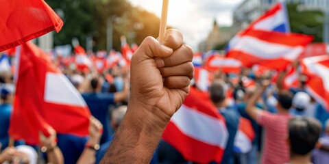 Naklejka premium A gathering of people holding flags during a rally, showcasing unity and patriotism with a lively atmosphere of national pride.