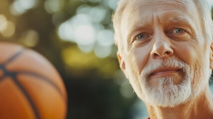 Senior man with basketball outdoors, horizontal, suitable for active aging programs, fitness motivation, sports coaching and healthy lifestyle content. wellness centers and senior health programs.