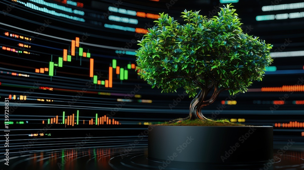 Poster tree symbolizing growth and prosperity against financial data background