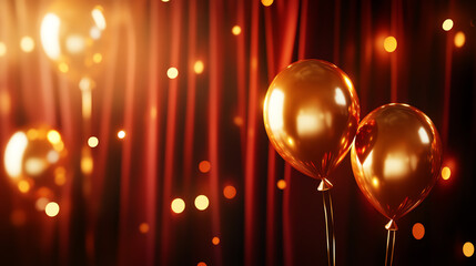 Obraz premium Gold balloons against a warm, glowing backdrop of shimmering lights and curtains.