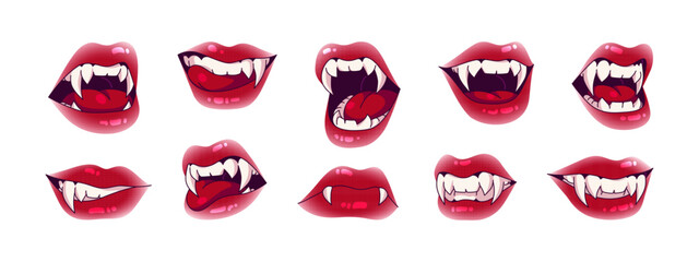 Vampire smiles set. Dracula character mouth with sharp fangs. Sexy red lips with tongue and teeth lick, bite. Halloween bloody monster jaws. Flat isolated vector illustrations on white background