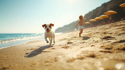 dog and boy walking on the beach