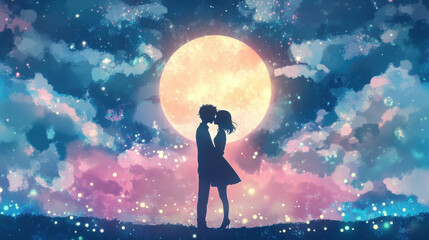 Obraz premium A silhouette of a couple sharing a kiss on a hilltop. heart, valentine, blue, stars, 