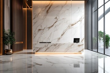 Modern marble reception desk in luxury building.