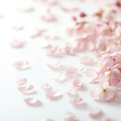 Fototapeta premium Delicate pink flower petals scattered elegantly over a soft white surface.