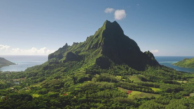 Aerial drone footage stunning beauty of Moorea, French Polynesia, with mountain rotui towering over the lush green landscape and tranquil Opunohu bay. Remote wild nature paradise, exotic summer travel