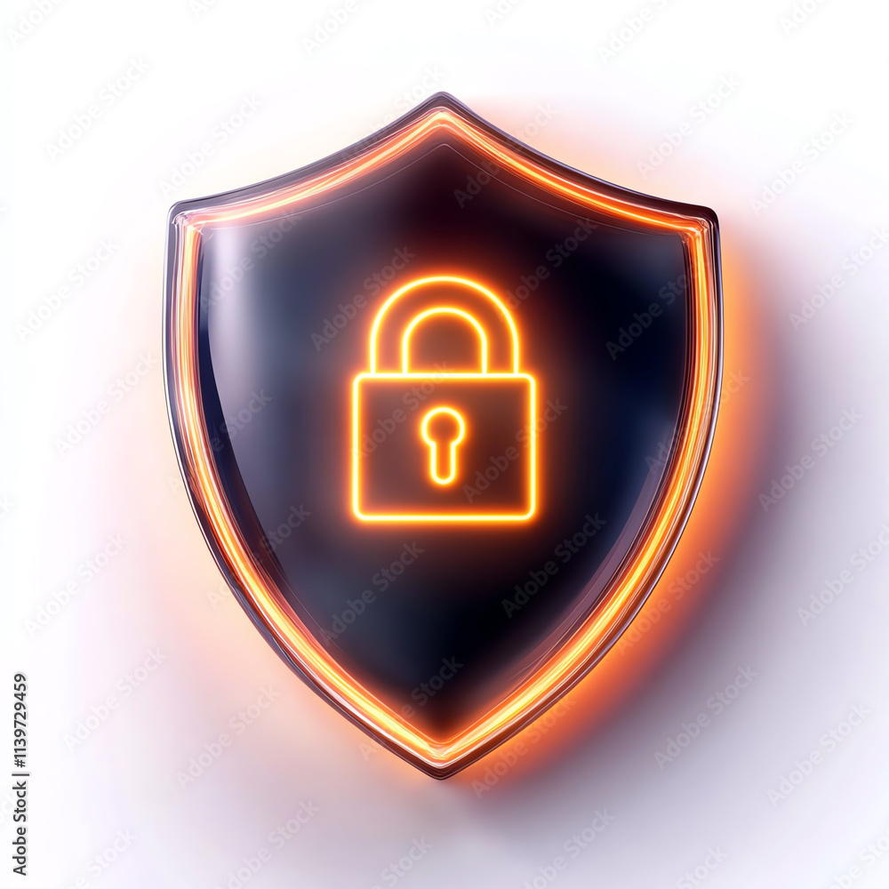 Poster a glowing shield icon with a padlock symbol representing digital security.