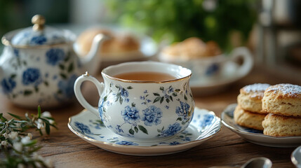 Fototapeta premium A traditional tea setup with a floral teapot, dainty teacups, and scones on the side