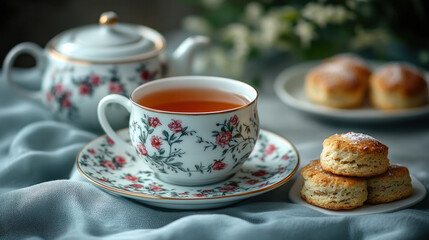 Fototapeta premium A traditional tea setup with a floral teapot, dainty teacups, and scones on the side