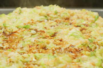 Monjayaki on a hot plate, a Japanese snack similar to okonomiyaki