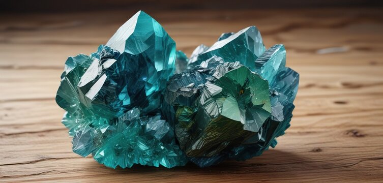 Mineral specimen with bluish green crystal texture on wooden background, mineral specimen, bluish green crystal, nature