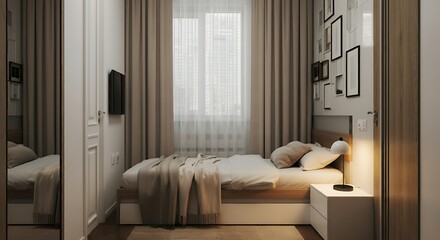 A small bedroom, featuring a bed with a beige blanket and pillows. The room is furnished with a simple wooden bed frame and a white nightstand with two drawers. 