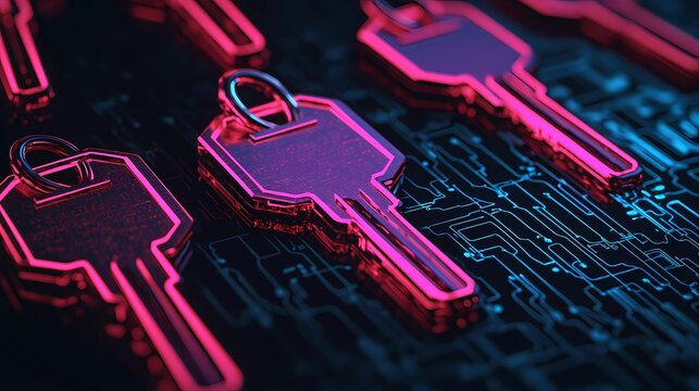 A vibrant array of digital keys against a dark, circuit-like background, symbolizing security and technology in a modern context.