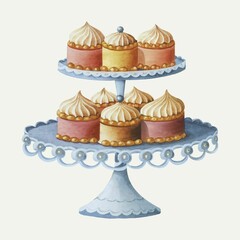 Illustration of a high tea stand with cupcakes